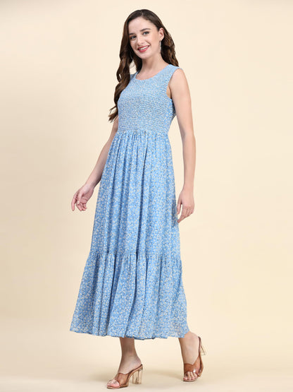 Toochki WomenS Sky Blue Georgette Floral Tiered Western Dress | Dress For Women | A Line Dress | Winter Dress | Western Dress |