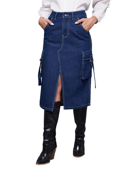 Miss Chase WomenS Straight Fit High Rise Midi Denim Skirt With Pockets (Mcss24Den11-14-71-26, Blue, 26)