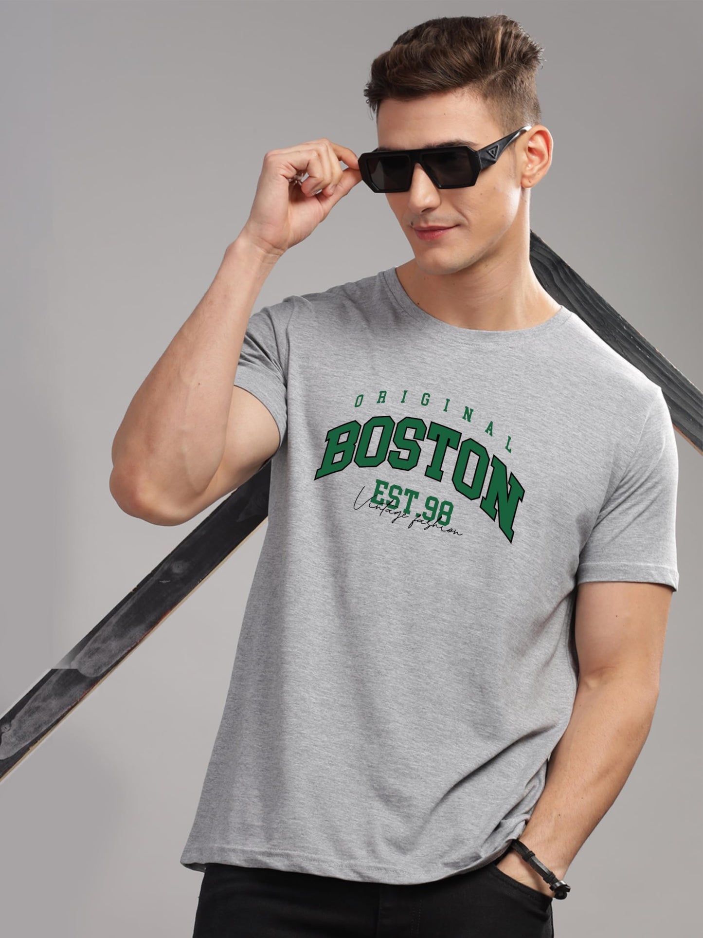 ADRO Mens Printed T Shirt - Premium Cotton Graphic Printed Tshirt - Grey T-Shirt - RN24-BOST-GR