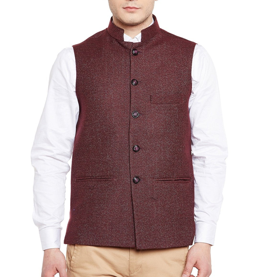 WINTAGE Mens Wool Blend Grandad Nehru Jacket Vest Waistcoat: Dark Maroon