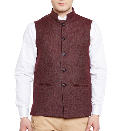 WINTAGE Mens Wool Blend Grandad Nehru Jacket Vest Waistcoat: Dark Maroon