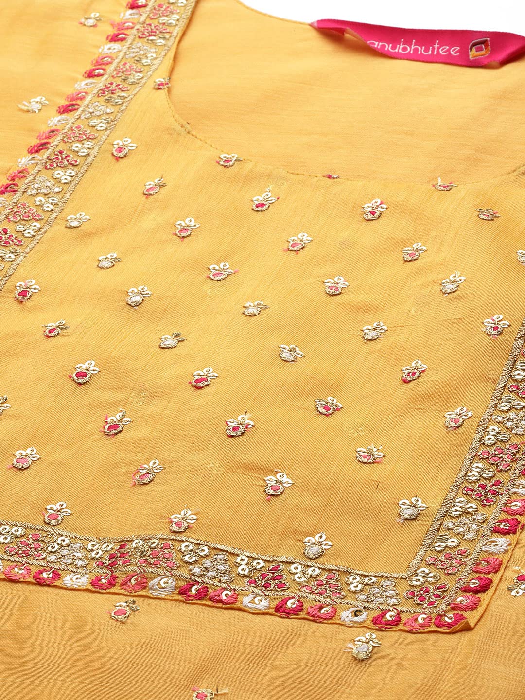 anubhutee Women's Silk Yellow Zari Work Ethnic Motifs Embroidered Straight Kurta