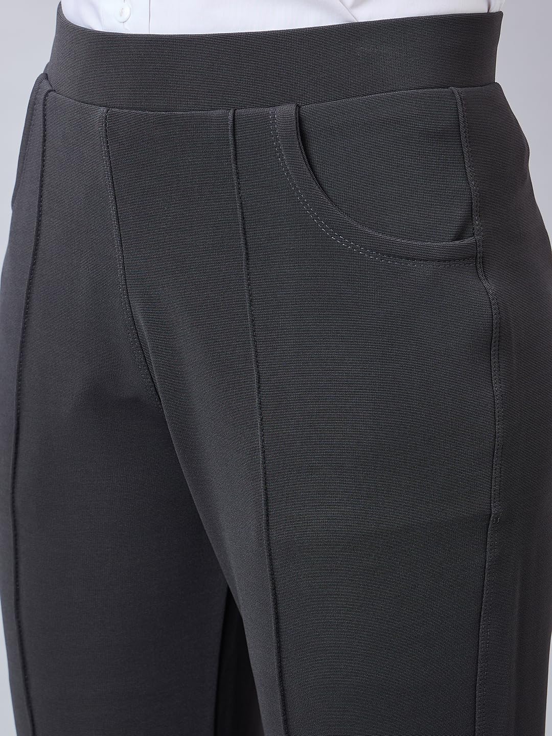Style Quotient Women Solid Grey Self Design Polyester Formal Trouser