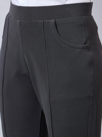 Style Quotient Women Solid Grey Self Design Polyester Formal Trouser