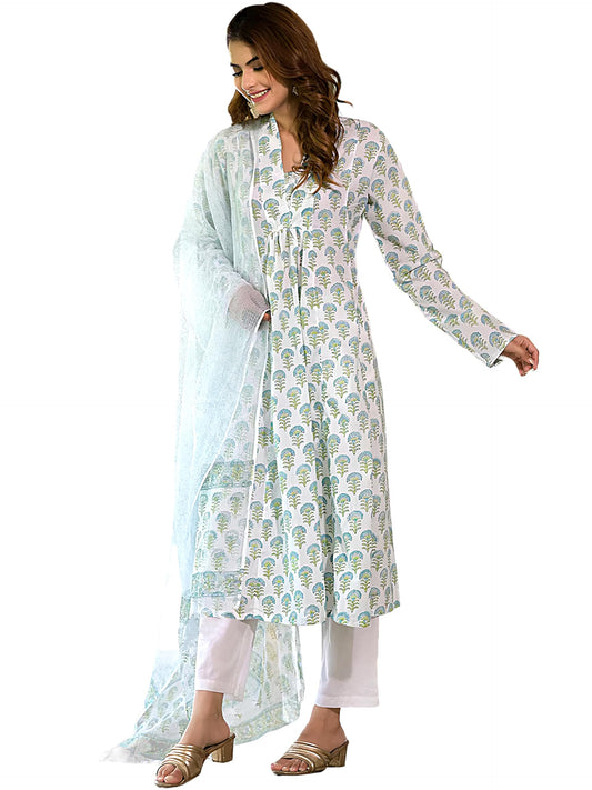 Pinkmint Womens Printed V Neck Muslin Kurta & Straight Pants with Fancy Dupatta l Festive & Celebrations Ethnic Suit Set White
