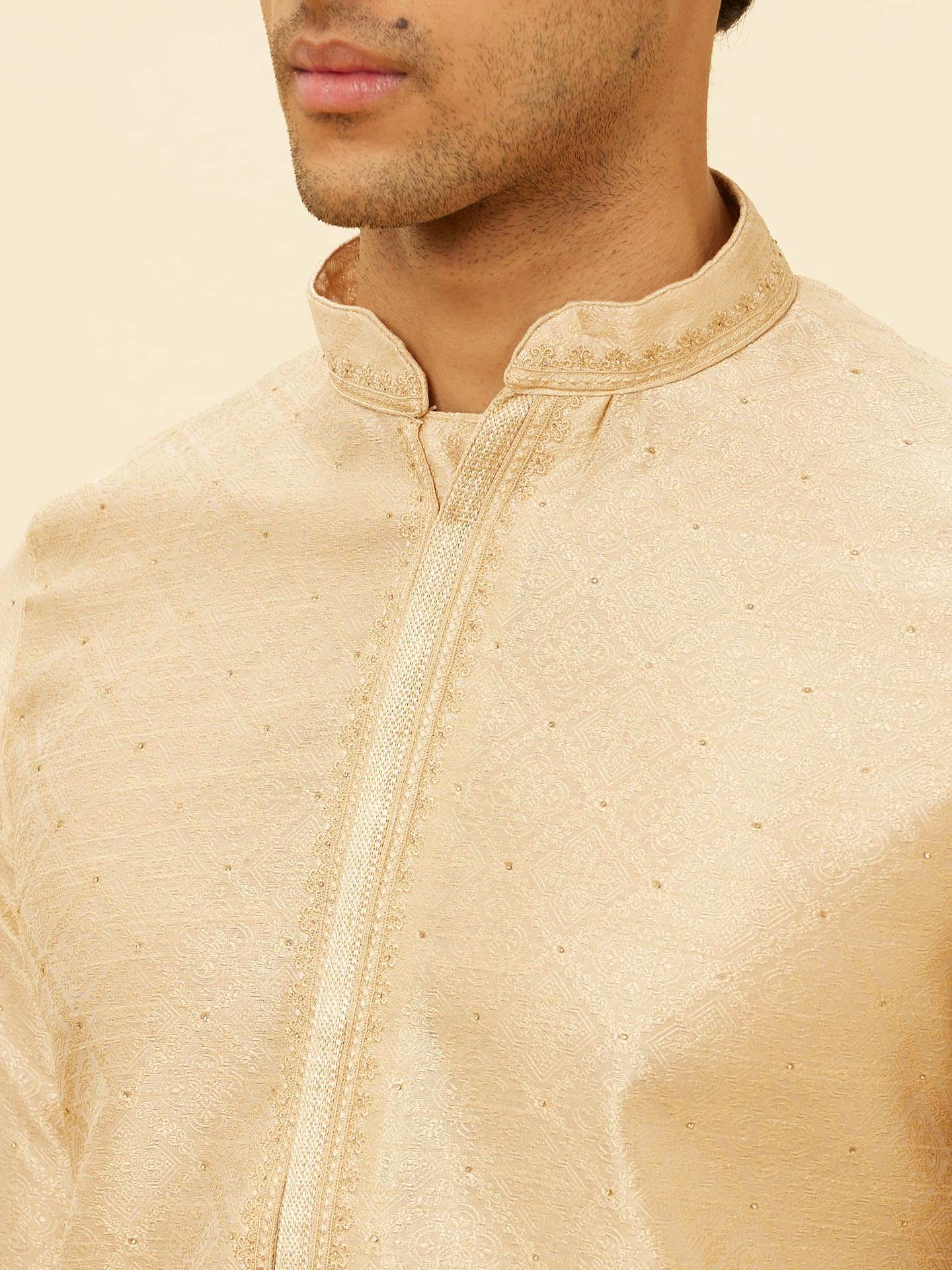 Manyavar Mens Beige Art Silk Kurta Pyjama Set