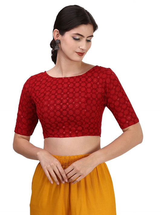 Oomph! Traditional Cotton Schiffli Fabric Blouse For Women |Elbow Length Sleeves | Wedding & Festival Wear | Comfortable & Trend