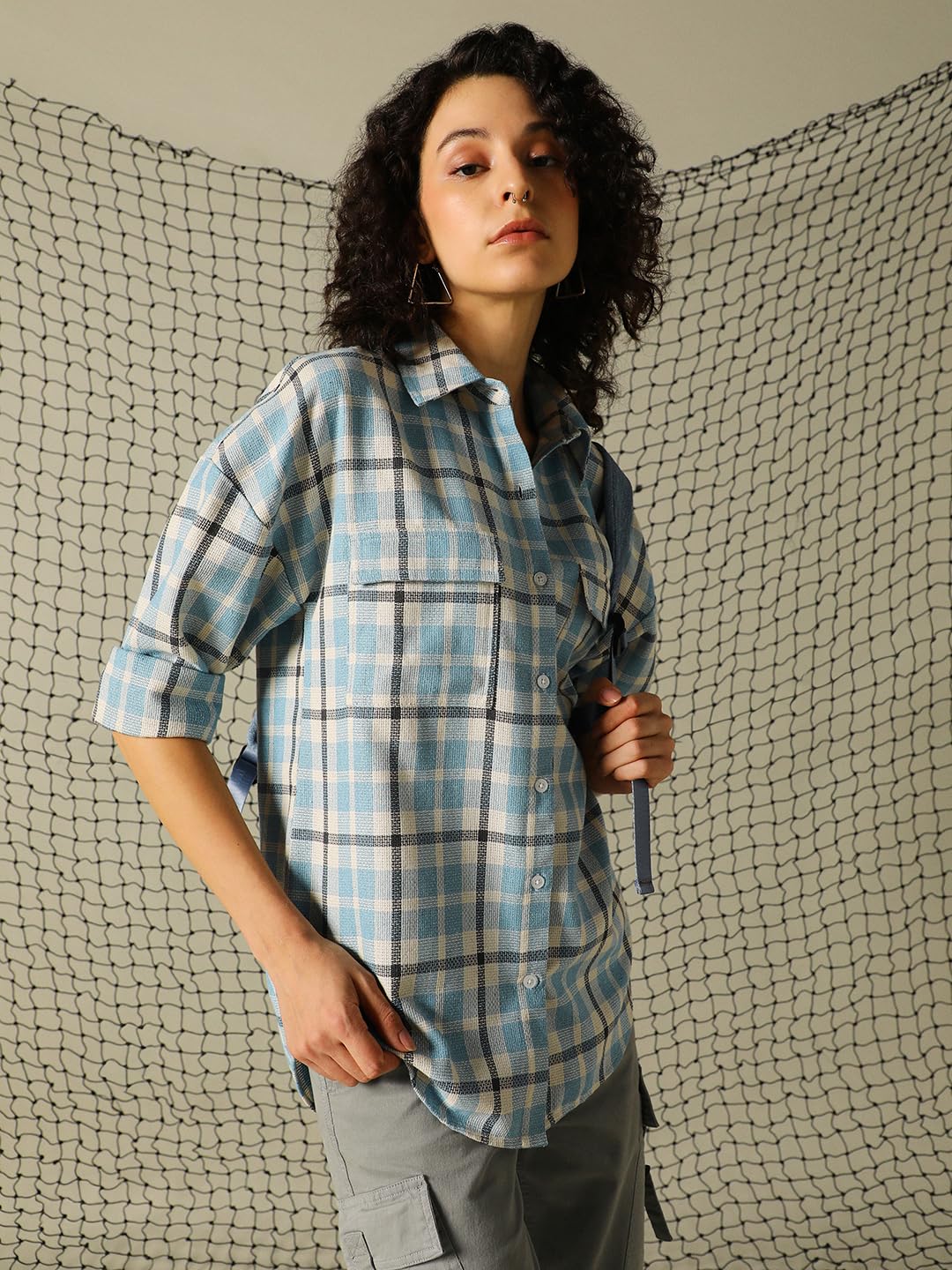 Hubberholme Women Check Cotton Oversized Fit Collar Long Sleeve Shirts 24
