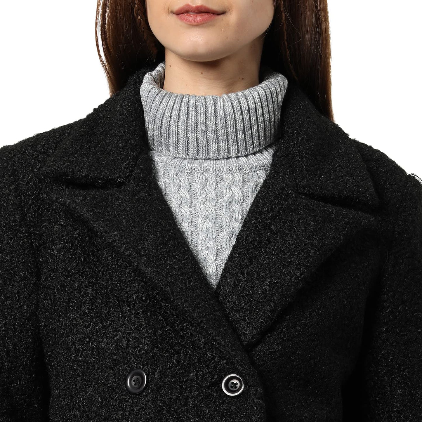 Campus Sutra Women Black Regular Fit Long Coat For Winter Wear | Collar Neck | Full Sleeve | Buttoned | Casual Jacket For Woman