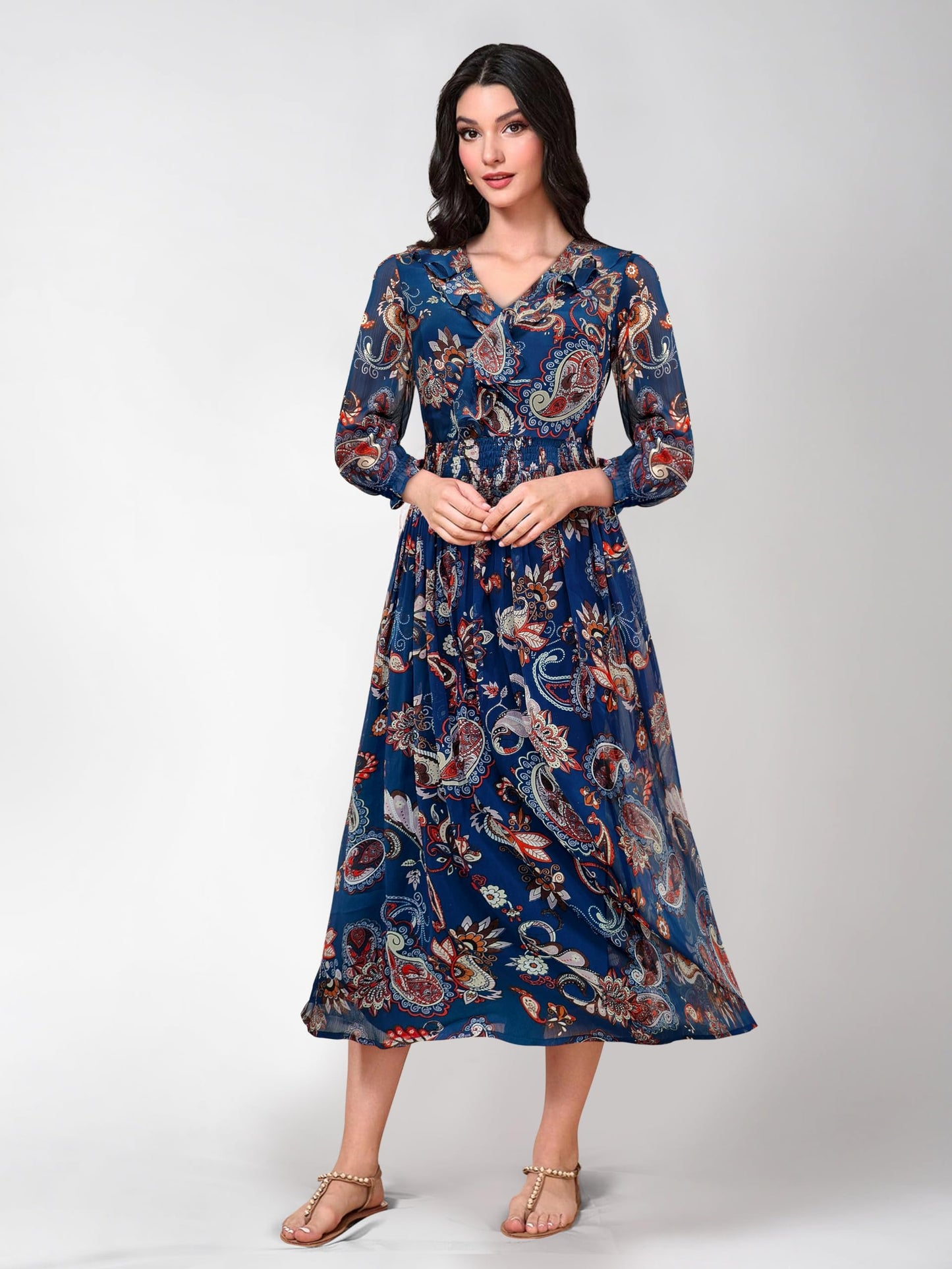 Toochki Navy Blue Georgette Paisley Print Fit & Flared Kurti Kurta Dress For Women A Line Suitable In Summer Latest Trendy Styli