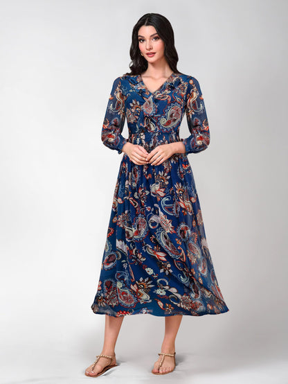 Toochki Navy Blue Georgette Paisley Print Fit & Flared Kurti Kurta Dress For Women A Line Suitable In Summer Latest Trendy Styli