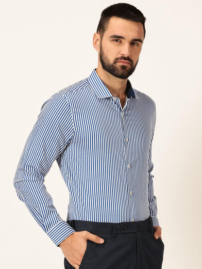Thomas Scott 100% Cotton Strpes Slim Fit Formal Shirts for Mens Blue