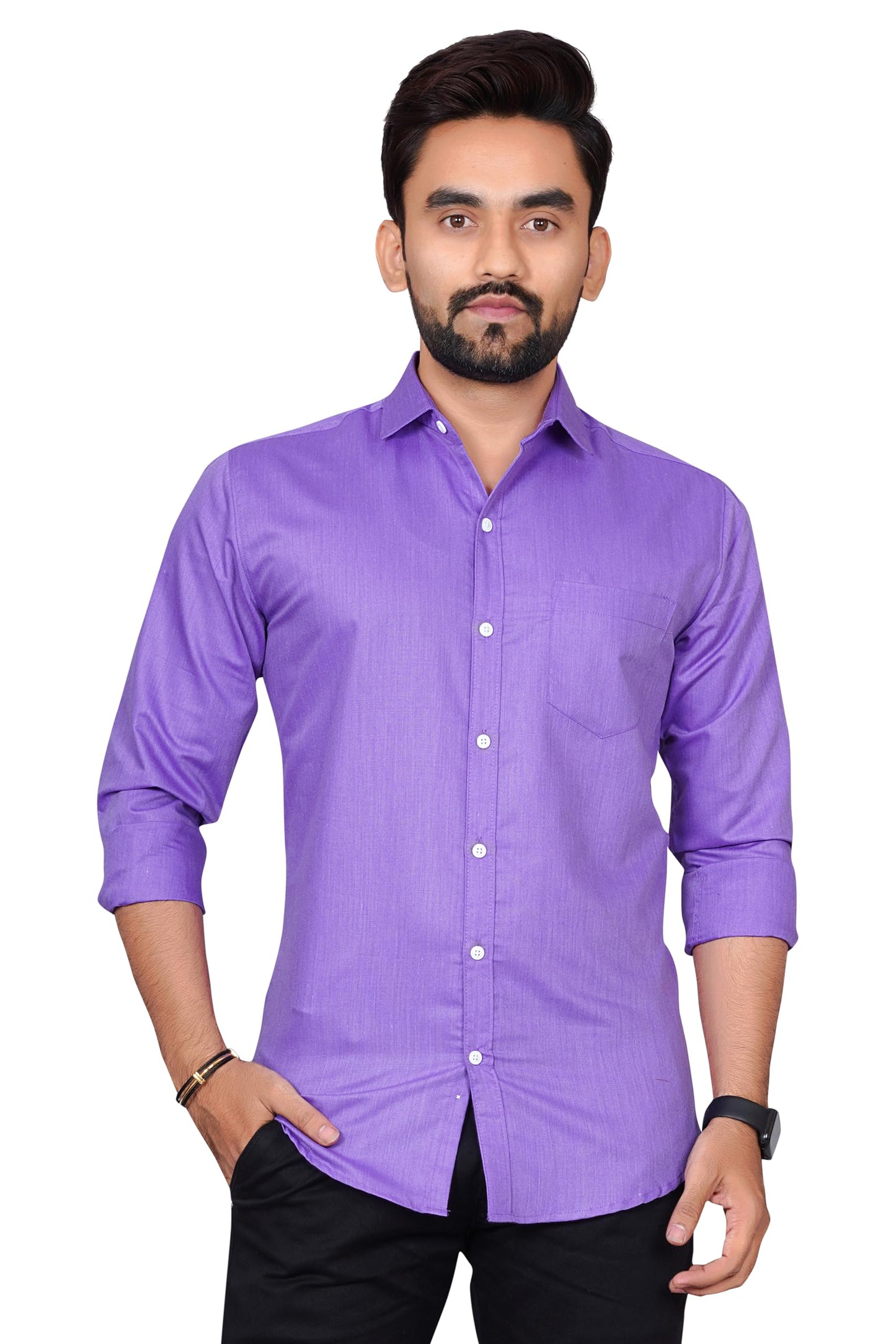 Besix MenS Cotton Blend Solid Shirt With Spread Collared Full Sleeve Button Closure Curved Hem Straight Length And One Pocket |