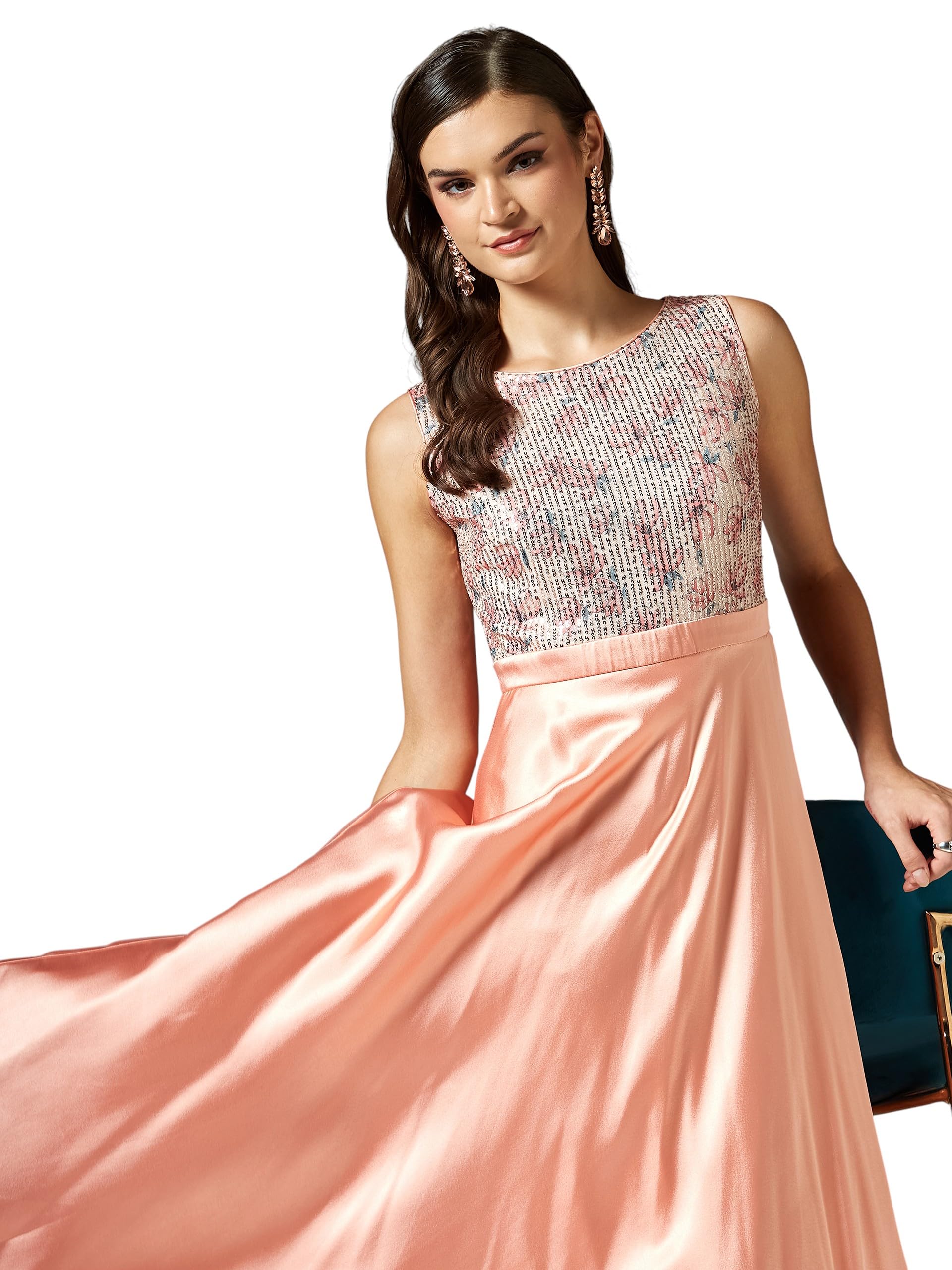 Miss Chase Womens Boat Neck Sleeveless Embellished Fit & Flare Maxi Polyester Dress (MCSS25D20-47-101-06, Peach, XL)