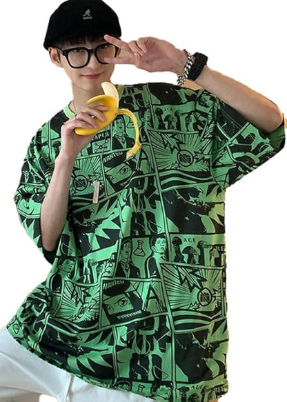 Thalasi Comic All Over Printed Green Anime Oversized T Shirts For Men - Drop Shoulder Loose Fit Cotton T-Shirt - Trending Naruto