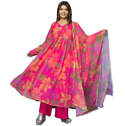 GoSriKi Women's Rayon Anarkali Printed Kurta with Pant & Dupatta