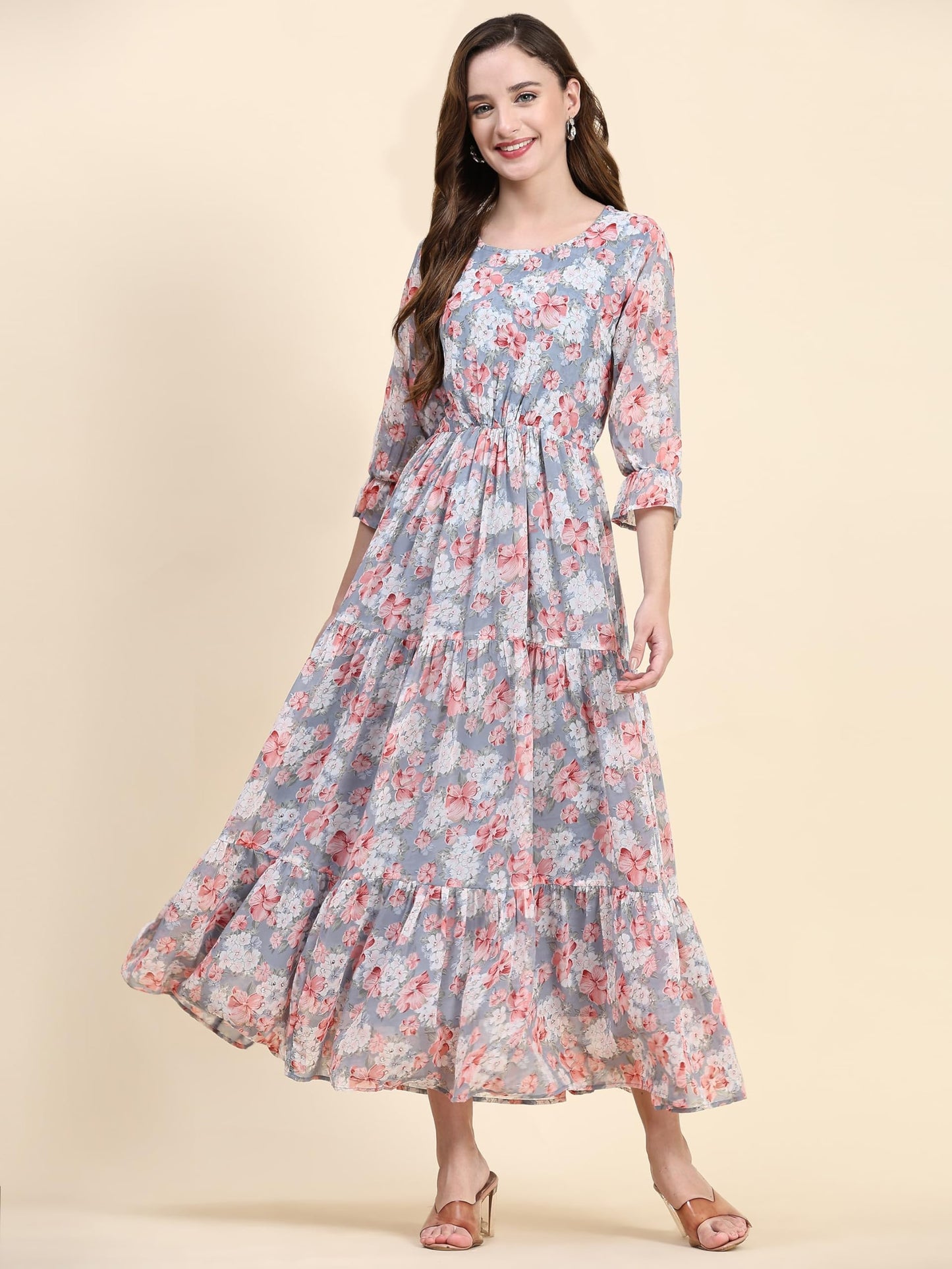 Toochki WomenS Grey Georgette Floral Tiered Western Dress | Dress For Women | A Line Dress | Winter Dress | Western Dress | Lat