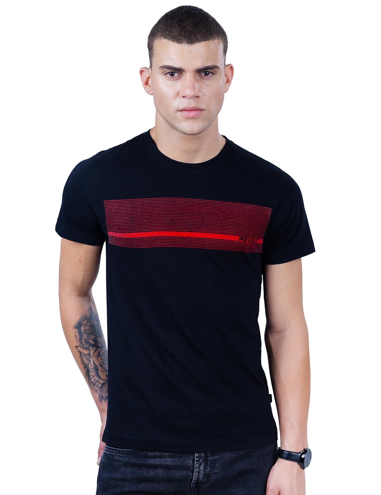 REVOLT Solid Slim Fit Men's Casual Round Neck 100% Cotton T-Shirt-with Graphic Print, Logo Branding (Jet Black, S) (REVSS23-TEE-