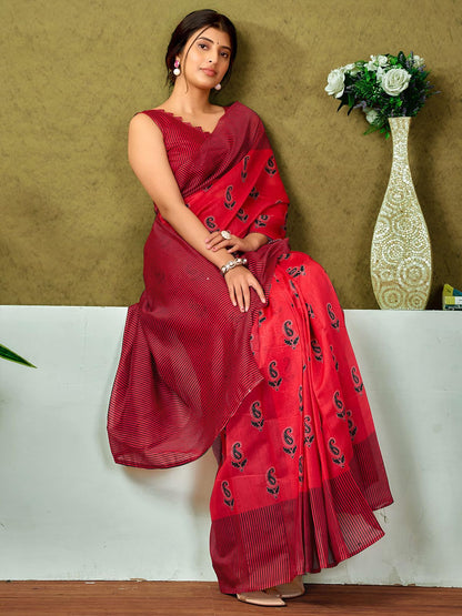 Satrani WomenS Chanderi Cotton Printed Ready To Wear One Minute Pre Pleated Readymade Saree With Unstitched Blouse Piece (32Rs3