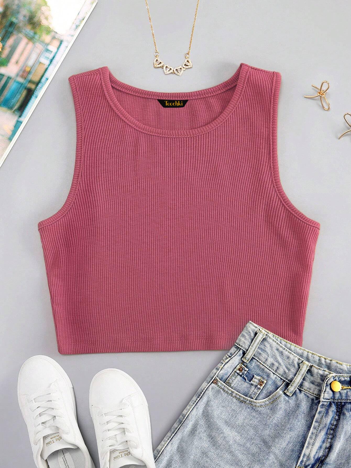 Toochki Tops for Woman | Spandex Top | Crop | Short | Western | for Jeans | Sleeveless | Stretchable | Dark Pink