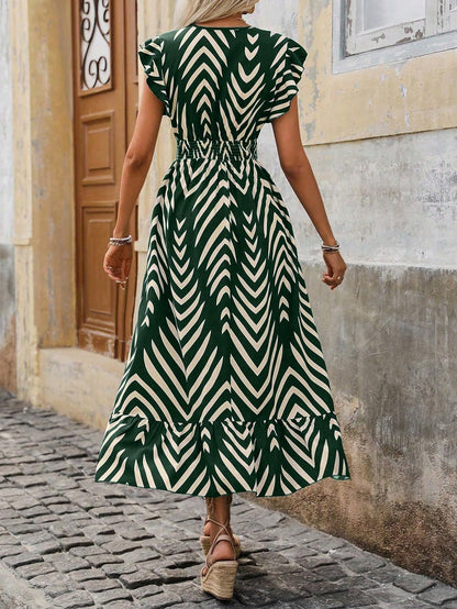 Shasmi WomenS & GirlS Green V-Neck Striped Printed Dress With Ruffled Hem And Belted Waist For Vacation, One Piece Dress For W
