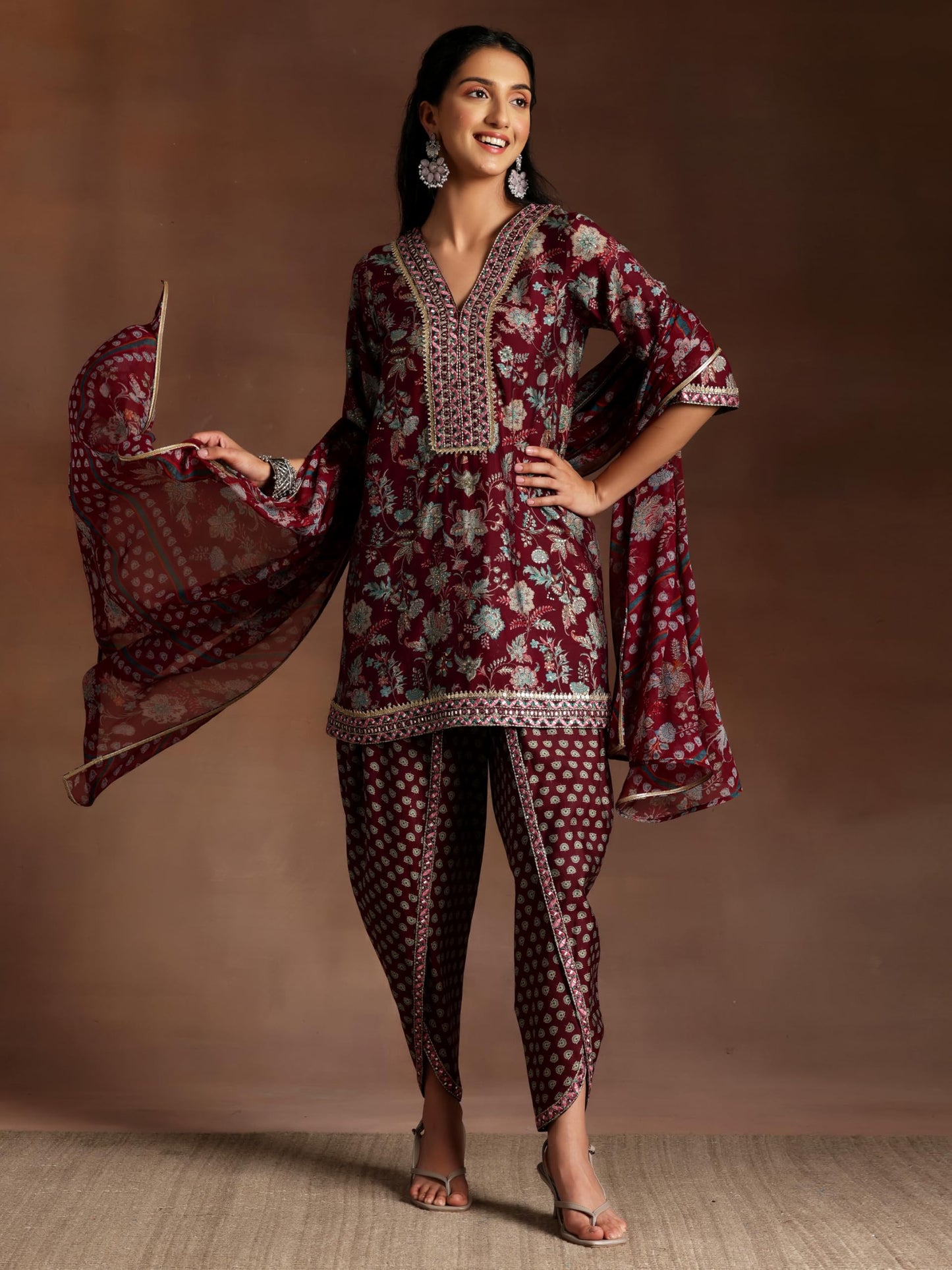 Libas Womens Printed Silk Blend Straight Kurta With Dhoti Pant And Dupatta