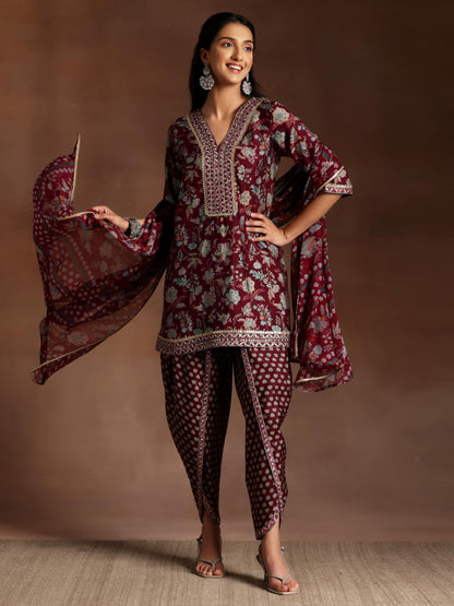 Libas Womens Printed Silk Blend Straight Kurta With Dhoti Pant And Dupatta