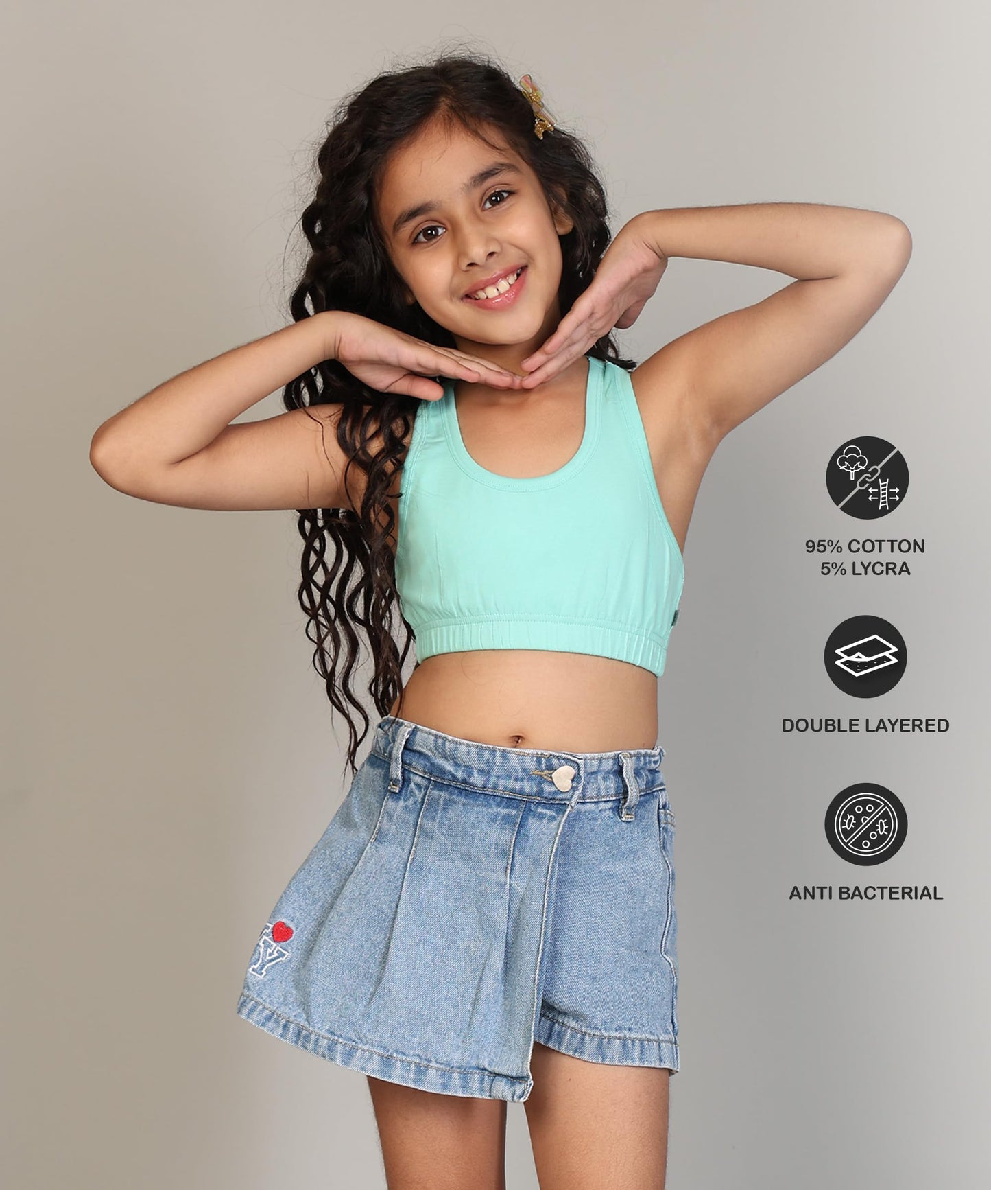 Kyda Kids Girls Antibacterial Cotton Sports Bra Training Bras, Non Padded, Chest Double Layered Wireless Light Padded Bra