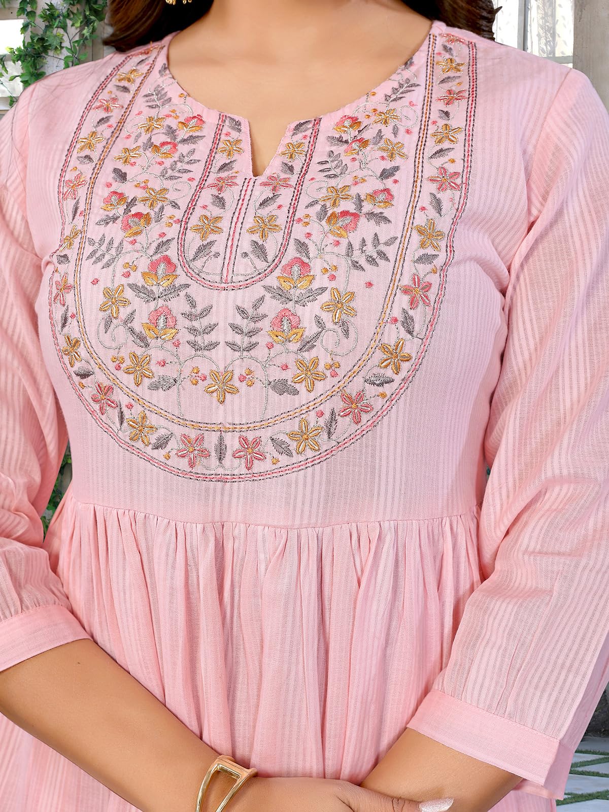 Rangita Women Pink Cotton Embroidered Flared Calf Length Dress_M