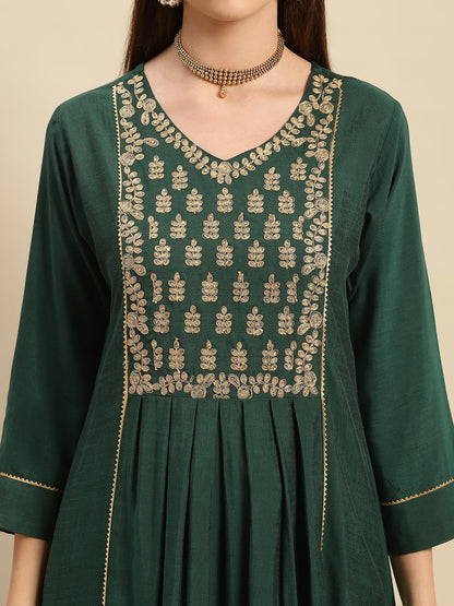 rangita Green Viscose Blend Calf Length Embroidered Flared Kurti for Women | Kurta for Women