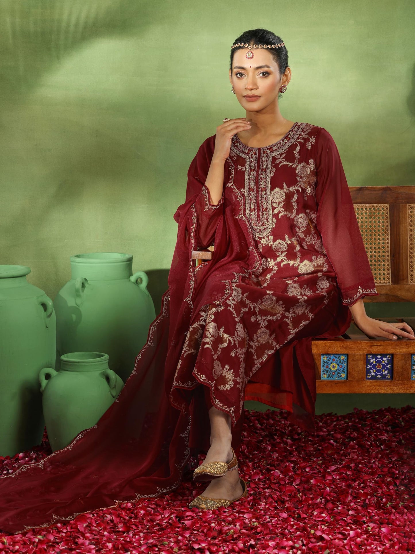 Libas WomenS Organza Woven Design Kurta Set (49318 Maroon