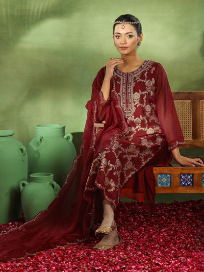 Libas WomenS Organza Woven Design Kurta Set (49318 Maroon