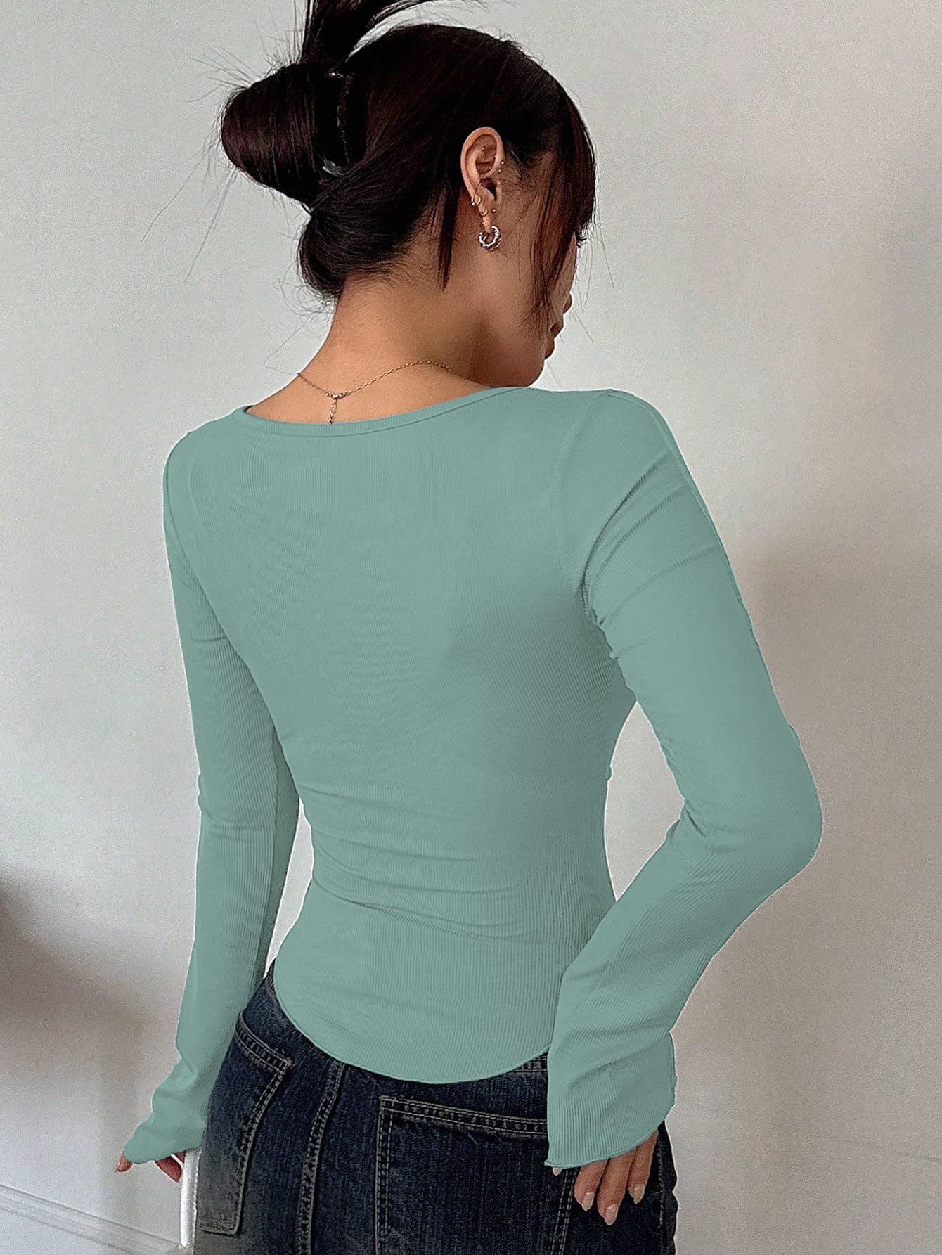 Sugathari Womens Teal Green Solid Long Sleeve Wrap-Style Square Split Crew Neck Bodycon Women T-Shirt Spring And Summer, Minima