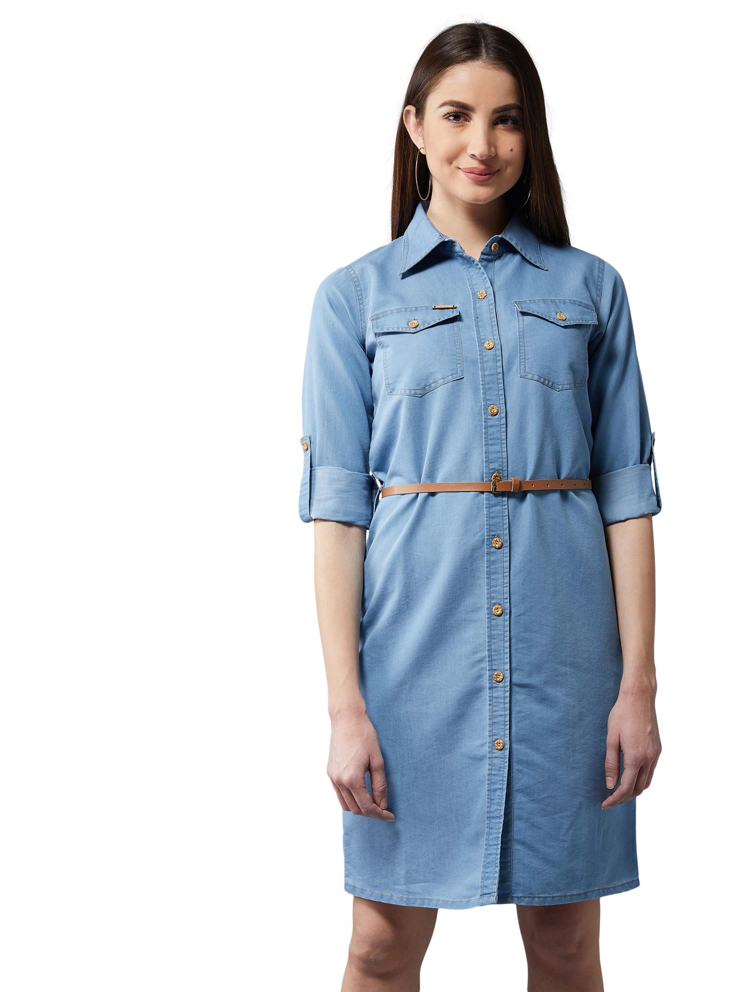 Dolce Crudo Women'S Blue Polo Neck Denim Solid A-Line Mini Dress(Doaw18Den04-22-115)