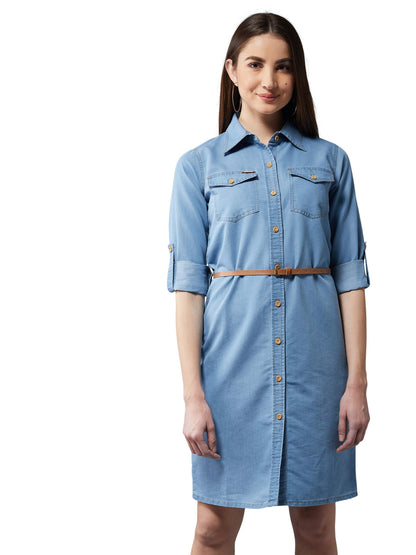 Dolce Crudo Women'S Blue Polo Neck Denim Solid A-Line Mini Dress(Doaw18Den04-22-115)