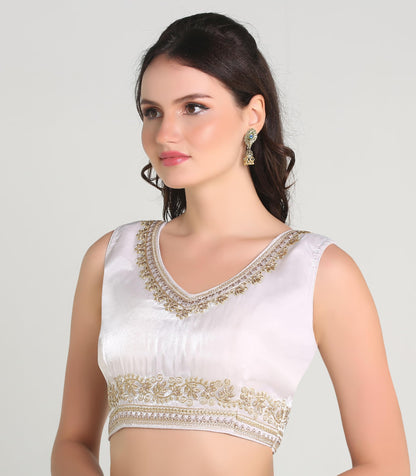 Pujia Mills Womens Sequin Embroidered V Neck Sleeveless Readymade Saree Blouse Indian Ethnic Designer Stitched Readymade Saree