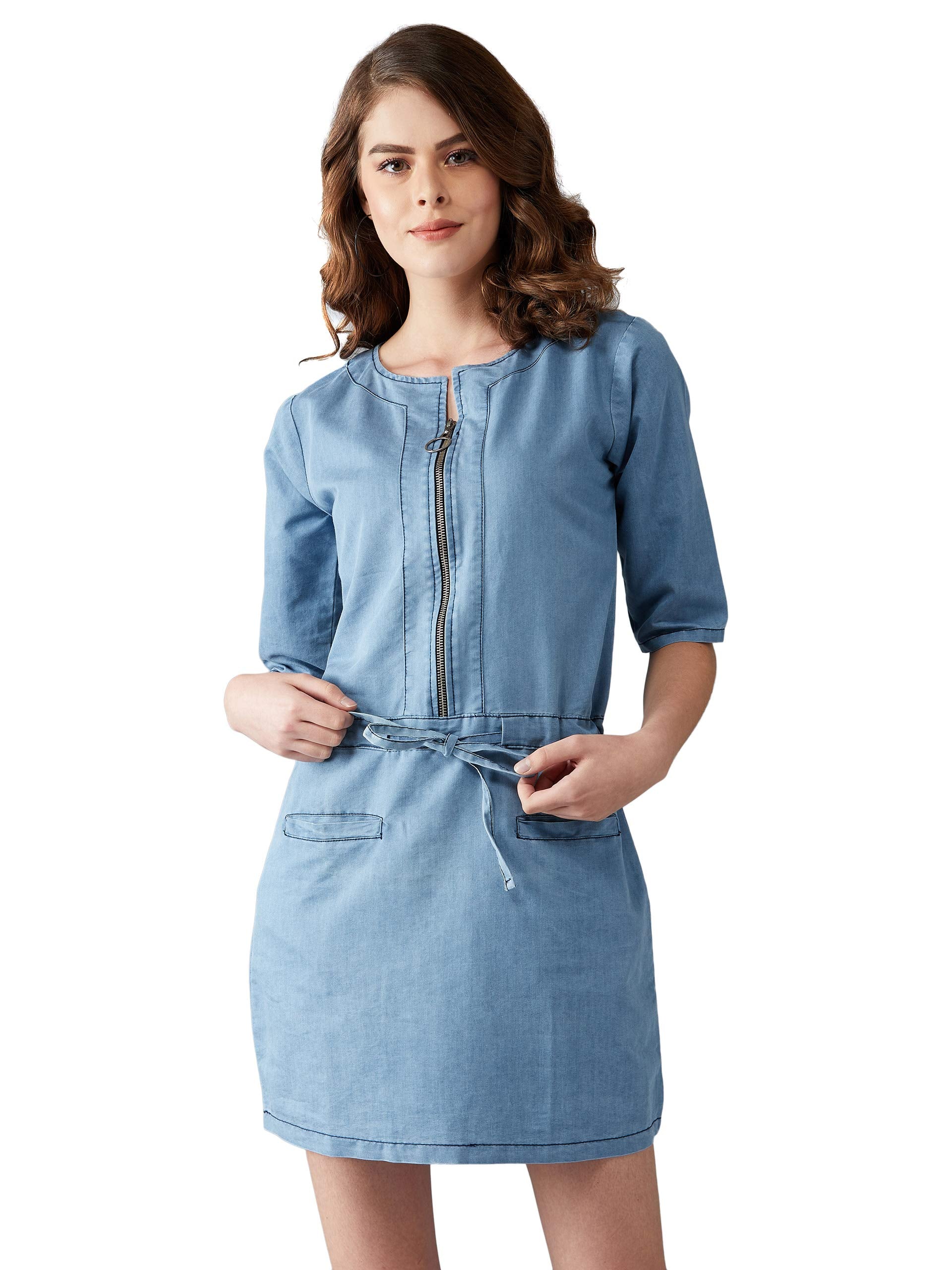 Dolce Crudo Women'S Light Blue Denim Solid Midi Shift Dress(Doaw18Den04-29-158)