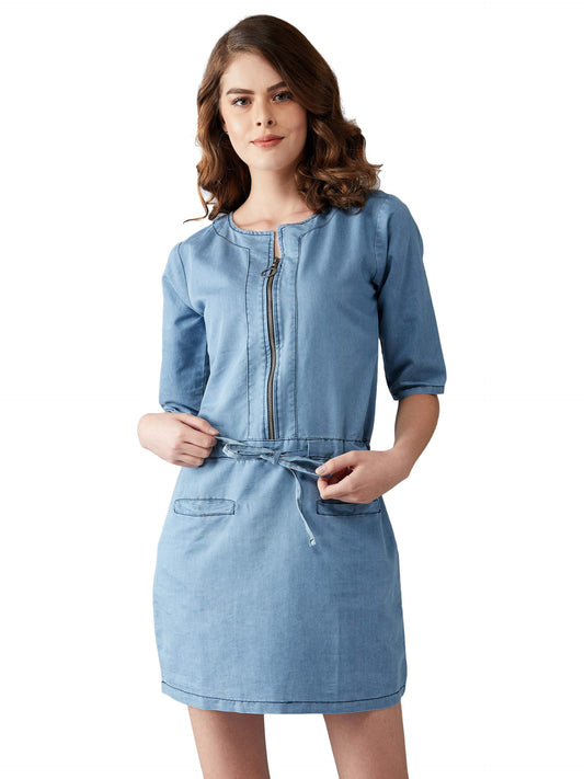 Dolce Crudo Women'S Light Blue Denim Solid Midi Shift Dress(Doaw18Den04-29-158)