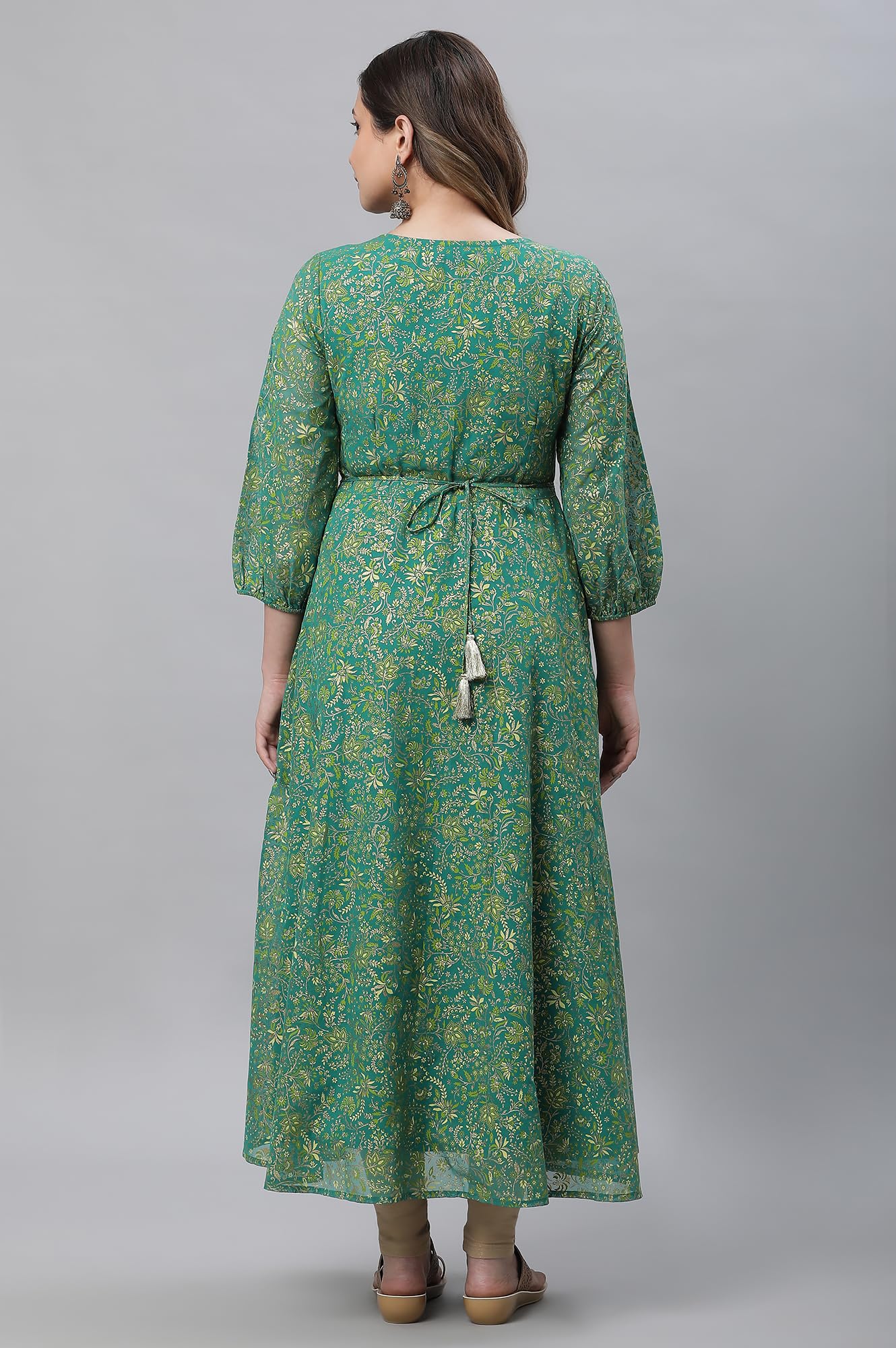 Aurelia WomenS Green Floral Foil Printed Flared Kurta