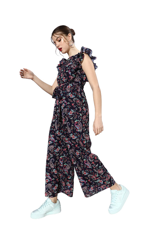 Miss Chase Womens Round Neck Sleeveless Floral Wide Leg Regular Jumpsuit (MCAW24D95-62-178-06, Multicolored-Base-Navy Blue, XL)