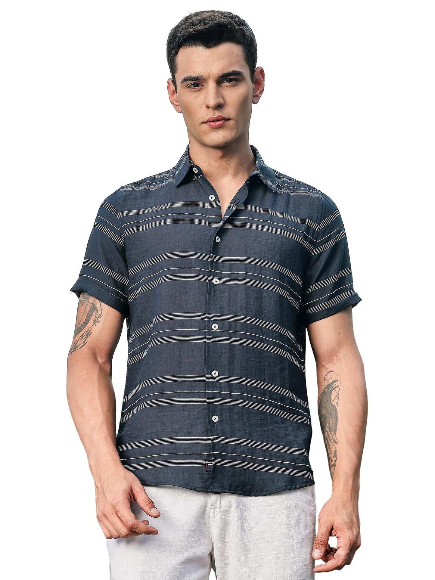 Thomas Scott Mens | Stripes | Short Sleeve | Spread Collar | Premium Polycoton Material | Slim Fit | Casual | Shirts for Men(TS