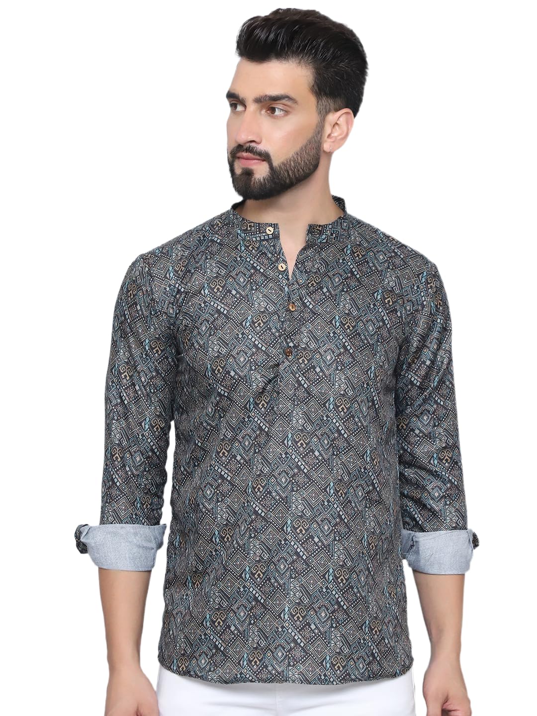 Jompers Mens Printed Cotton Short Kurta