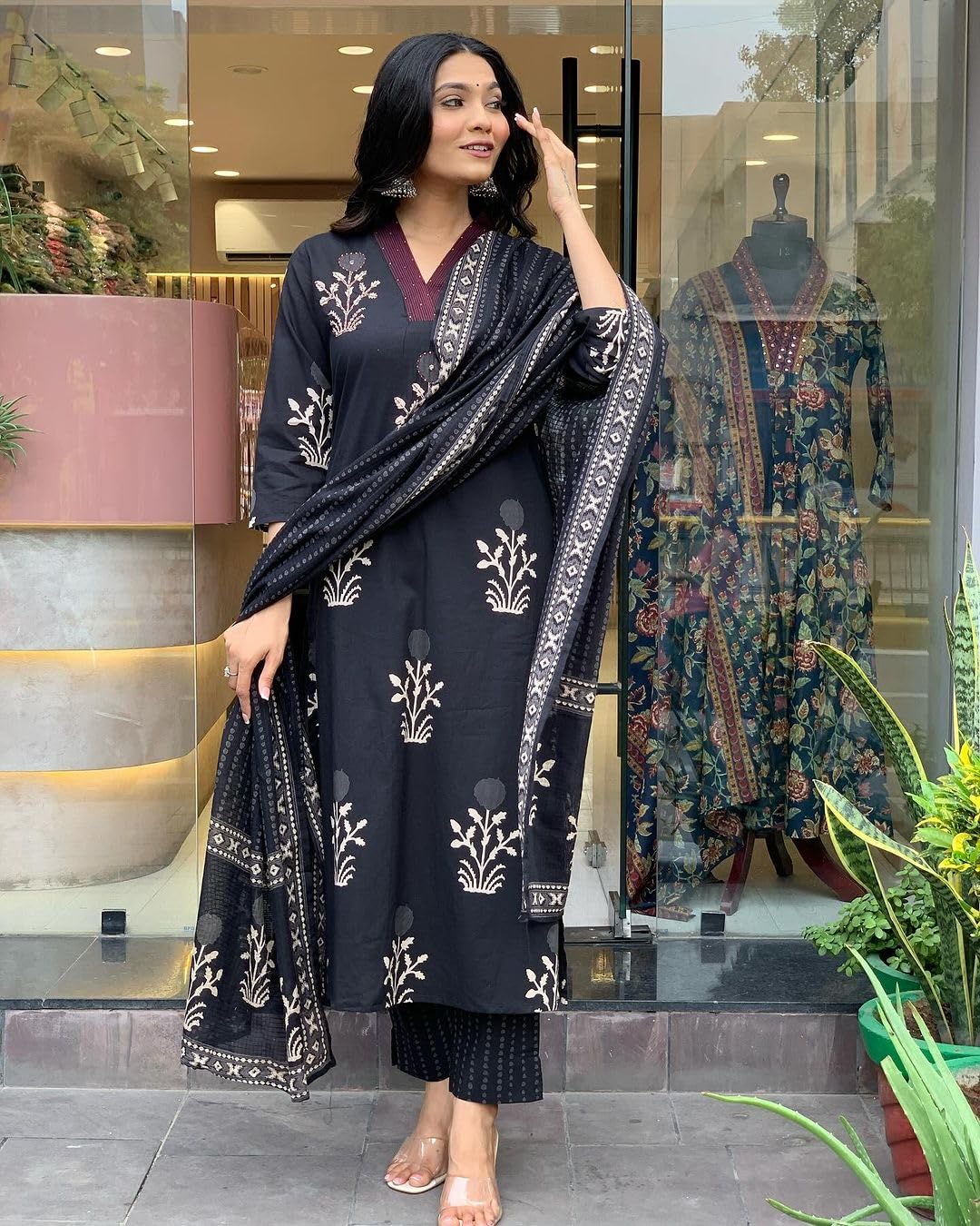 GoSriKi Womens Cotton Blend Straight Printed Kurta with Pant & Dupatta (Uchiha Mustard-GS_XXL_Mustard_XX-Large)