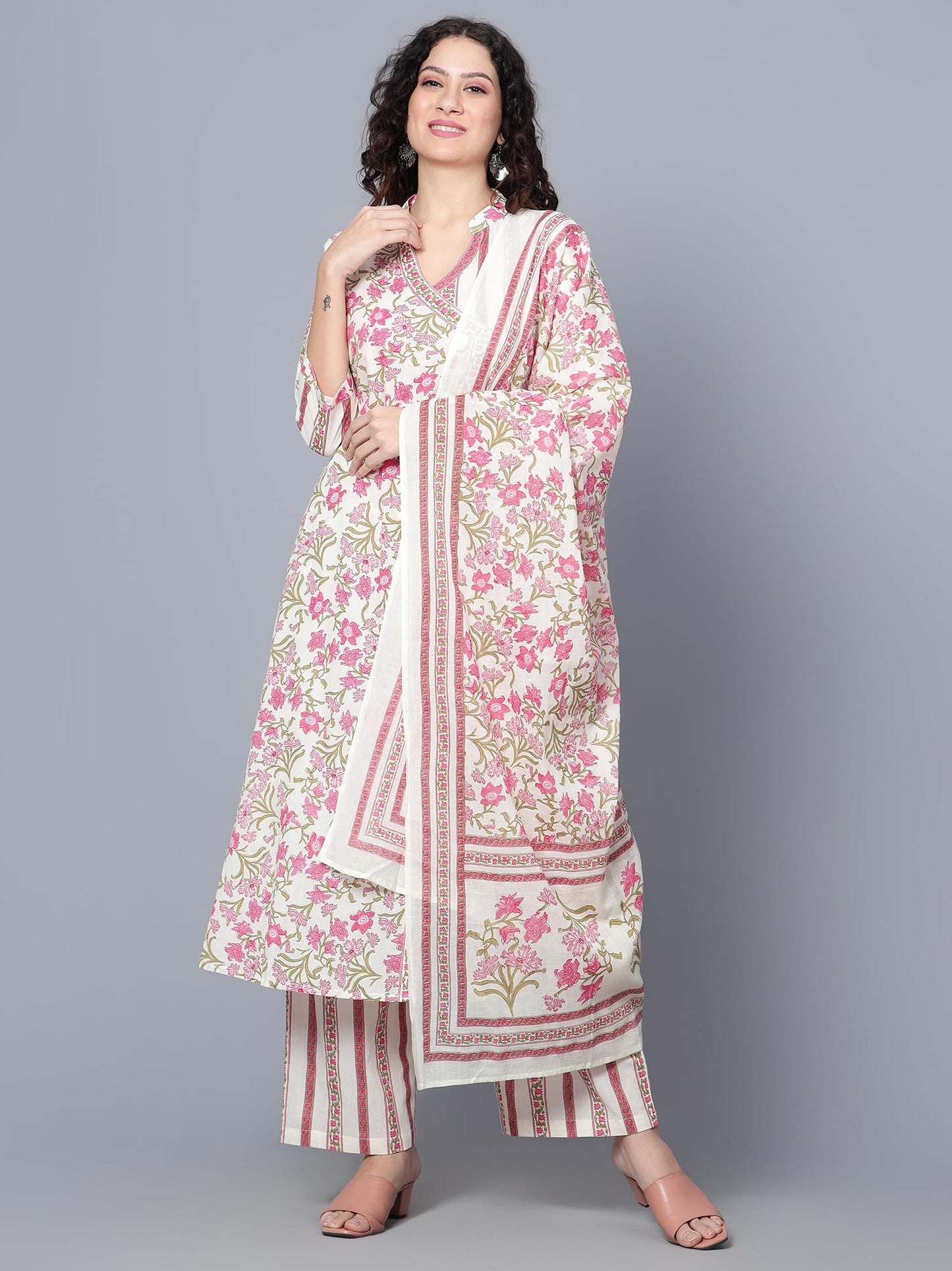 idaLia Multicolour Floral Printed Cotton Kurta Set with Dupatta