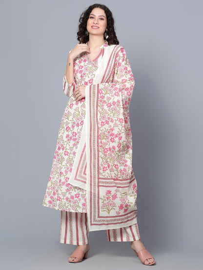 idaLia Multicolour Floral Printed Cotton Kurta Set with Dupatta