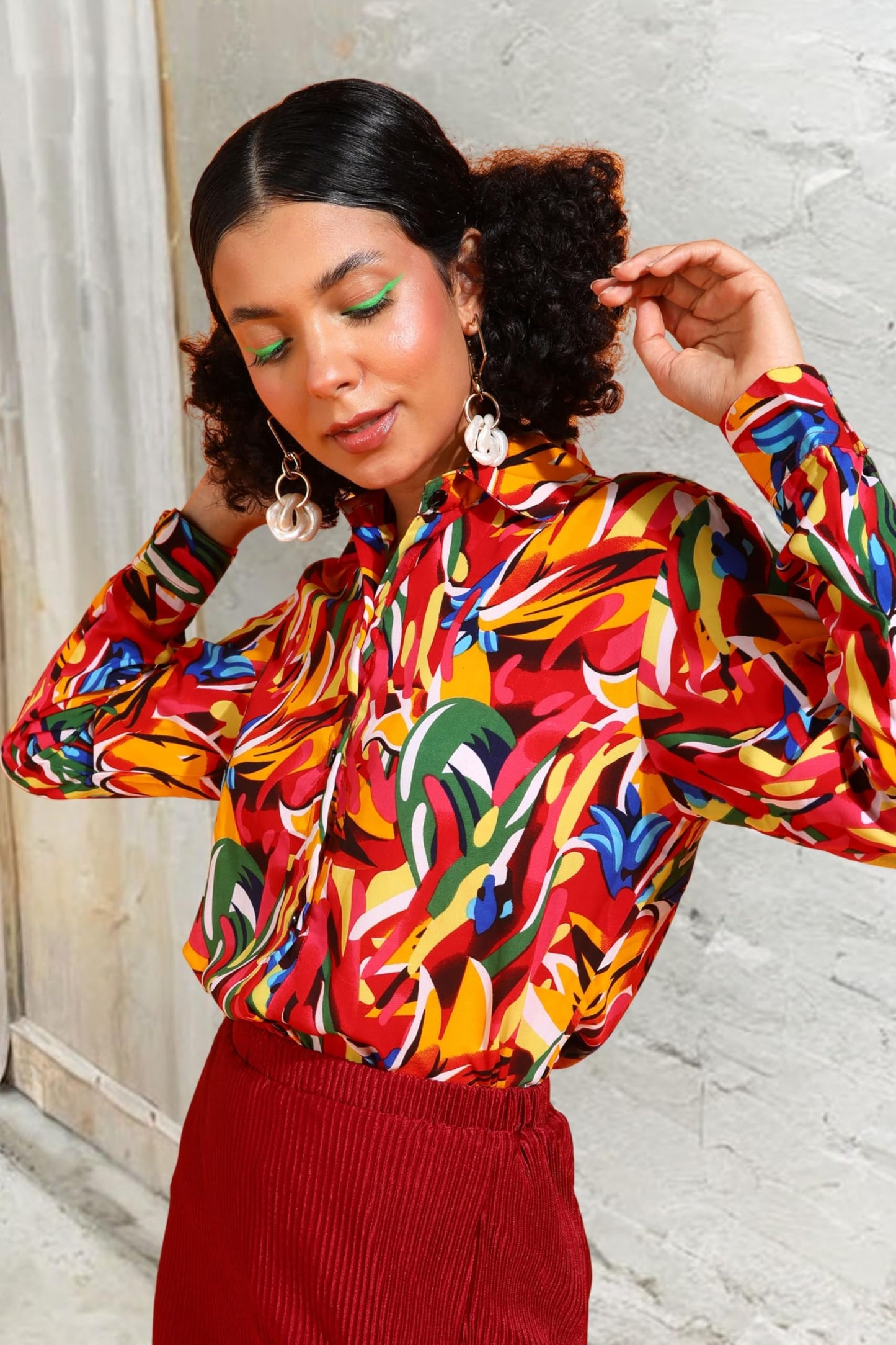 POPWINGS Printed Full-Sleeves Regular-Fit Polyester Printed Shirt for Women Stylish Western Casual Wear