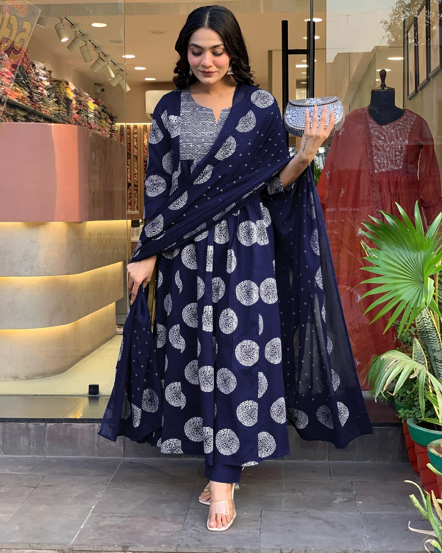 Toochki Dress for Women | Flared Dresses | Three Piece | Embroidered with Printed Work | Rayon Fabric | Navy Blue | with Pant an
