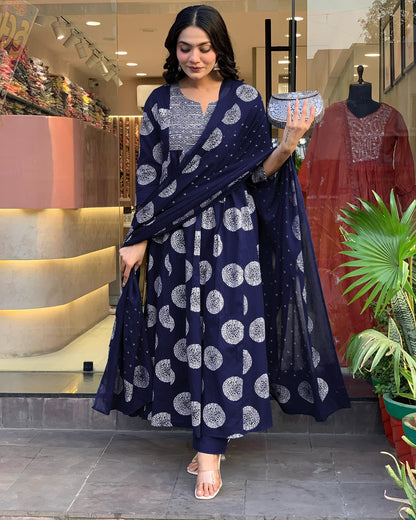 Toochki Dress for Women | Flared Dresses | Three Piece | Embroidered with Printed Work | Rayon Fabric | Navy Blue | with Pant an