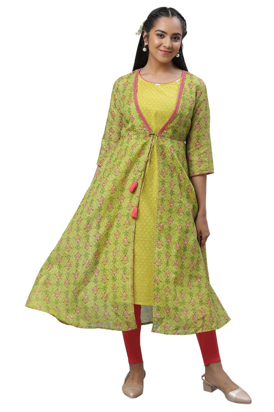 Aurelia Women's Green Banana Pure Cotton Straight Kurta, Tights, Gillet Suit Set