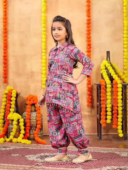 Aarika Girls Ethnic Wear Rani Colour Abstract Printed Cotton Kurti Patiala Set With Belt (4-10 Years)